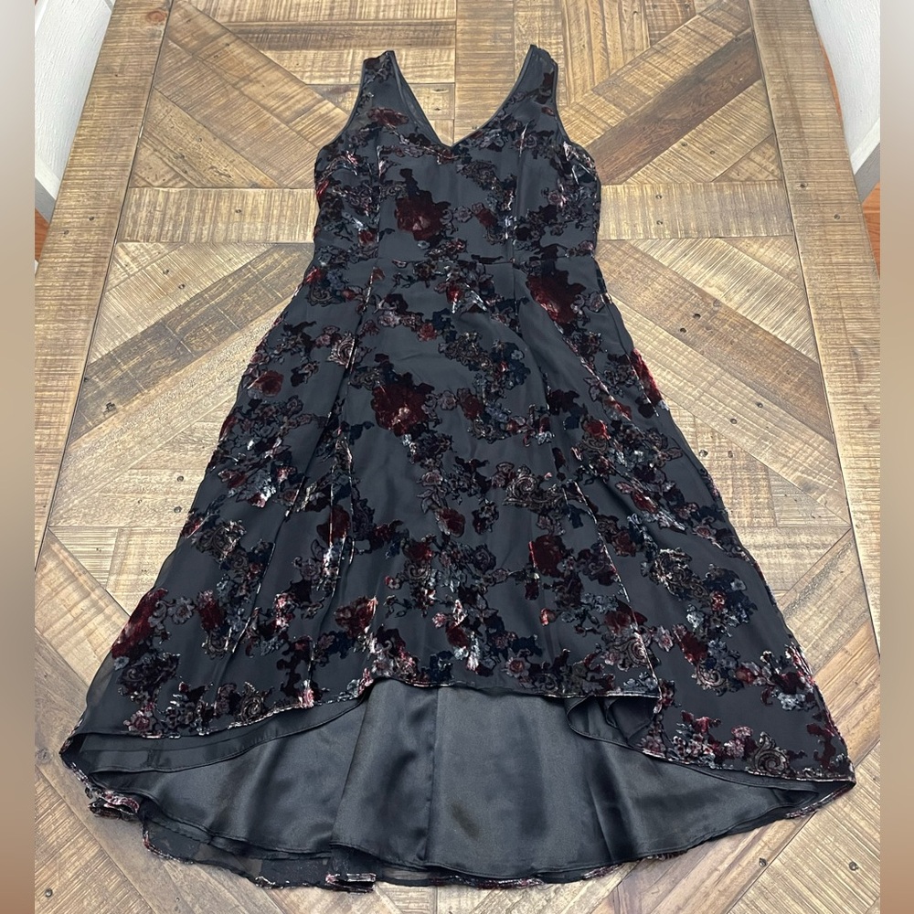 WHBM Velvet Burnout Floral Fit & Flare Cocktail Dress High-Low Hem
